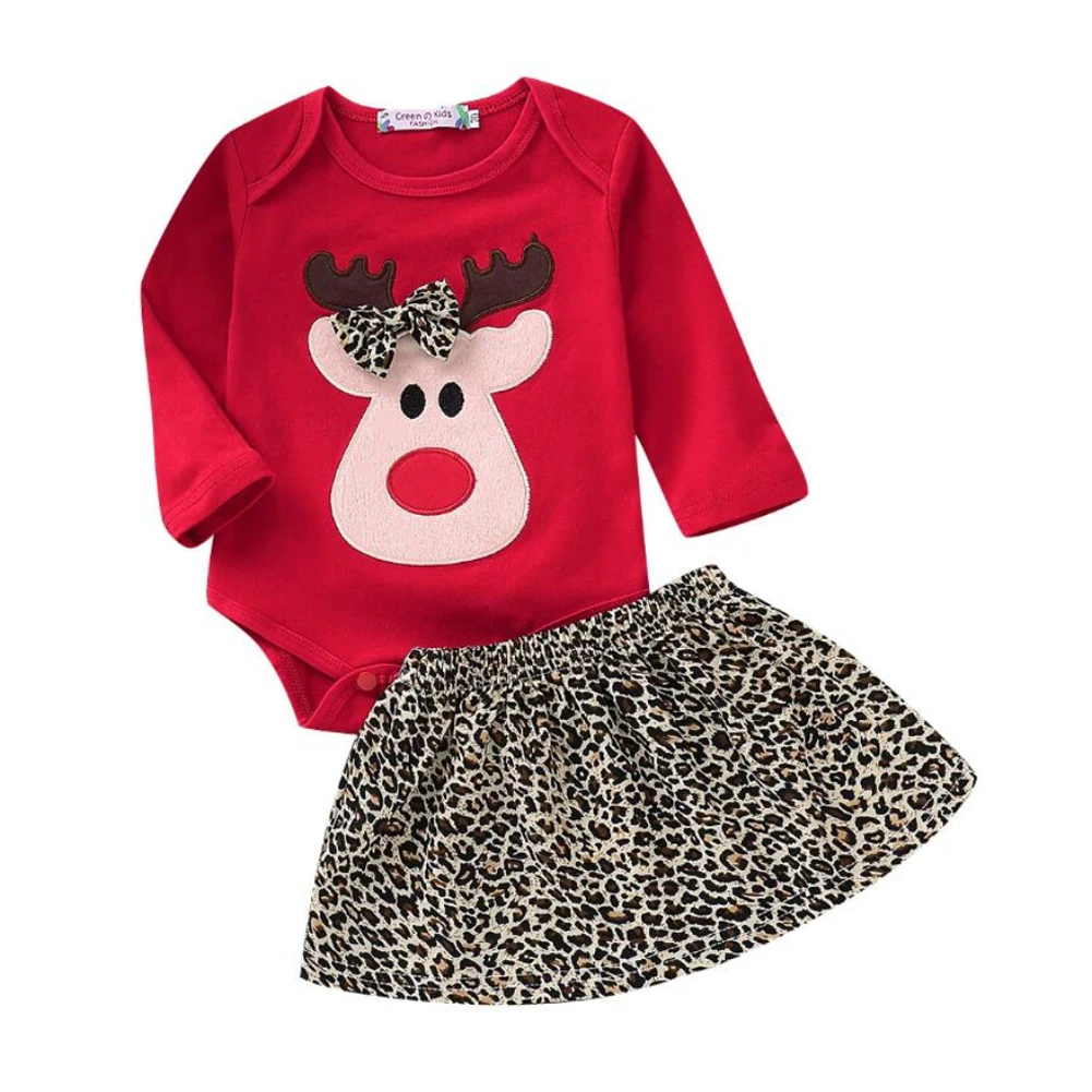 Emmababy г.; рождественское детское платье с бантом для новорожденных; комбинезон с оленем; леопардовая юбка; одежда