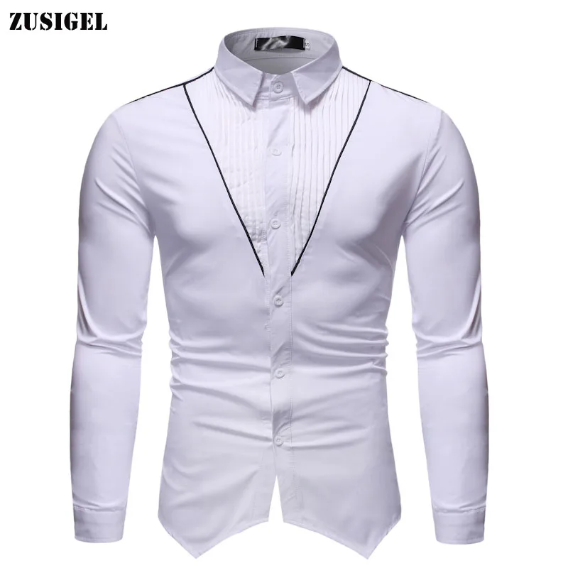 ZUSIGEL с длинным рукавом Для мужчин рубашка квадратным воротником Slim Fit белая