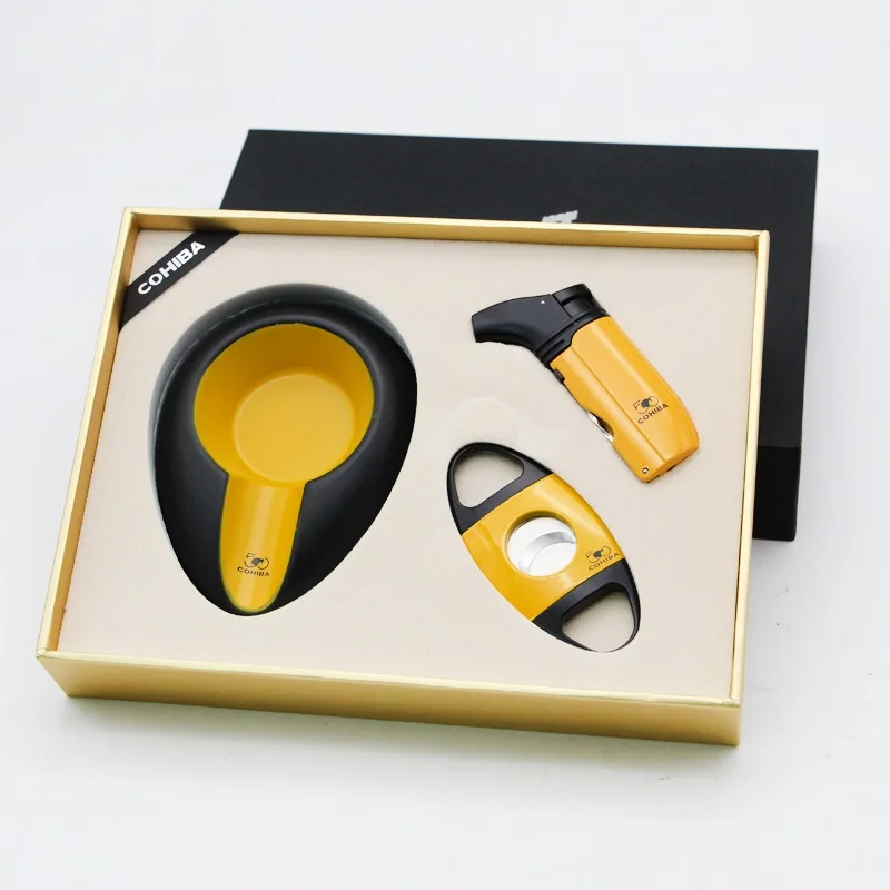 Yellow COHIBA уникальная 2 струйная Зажигалка для сигарет с пепельницей для сигар и Каттер для сигар для путешествий, сигара Подарочный комплект в деловом стиле - Цвет: Yellow