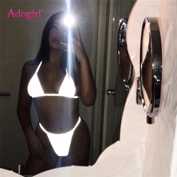 

Adogirl Reflective Bikini Set Women Sexy Two Piece Suit Halter Bra Top Thong Night Version Pool Beach Swimsuit Fashion Swimwear