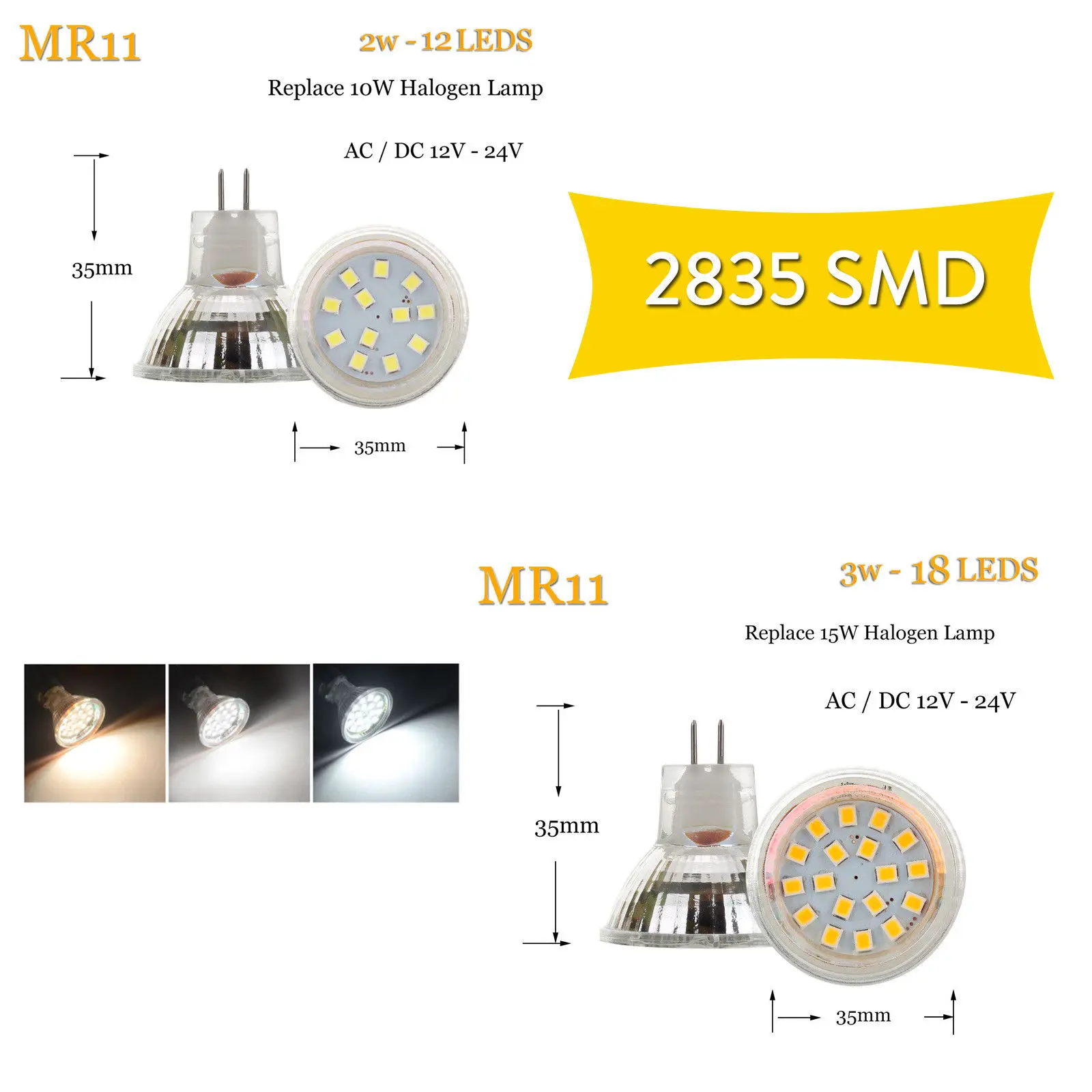 MR11 GU4 Mini LED Spotlight Bulbs 12V 24V 2835 SMD 2W 3W 12LEDs 18LEDs Bright Cool Warm White Lamp Replace 10W 20W Halogen Light 4