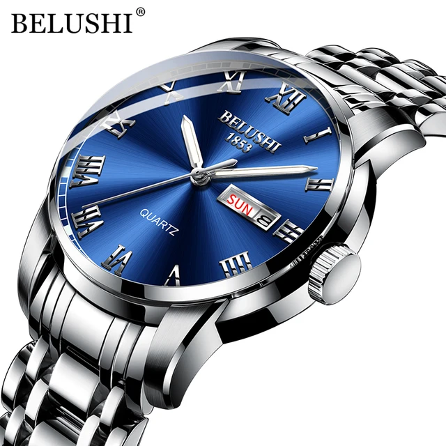 BELUSHI Top Brand Luxury Mens Watches Luminous Waterproof Stainless Steel Watch Quartz Men Date Calendar Business Wristwatch Silver Blue