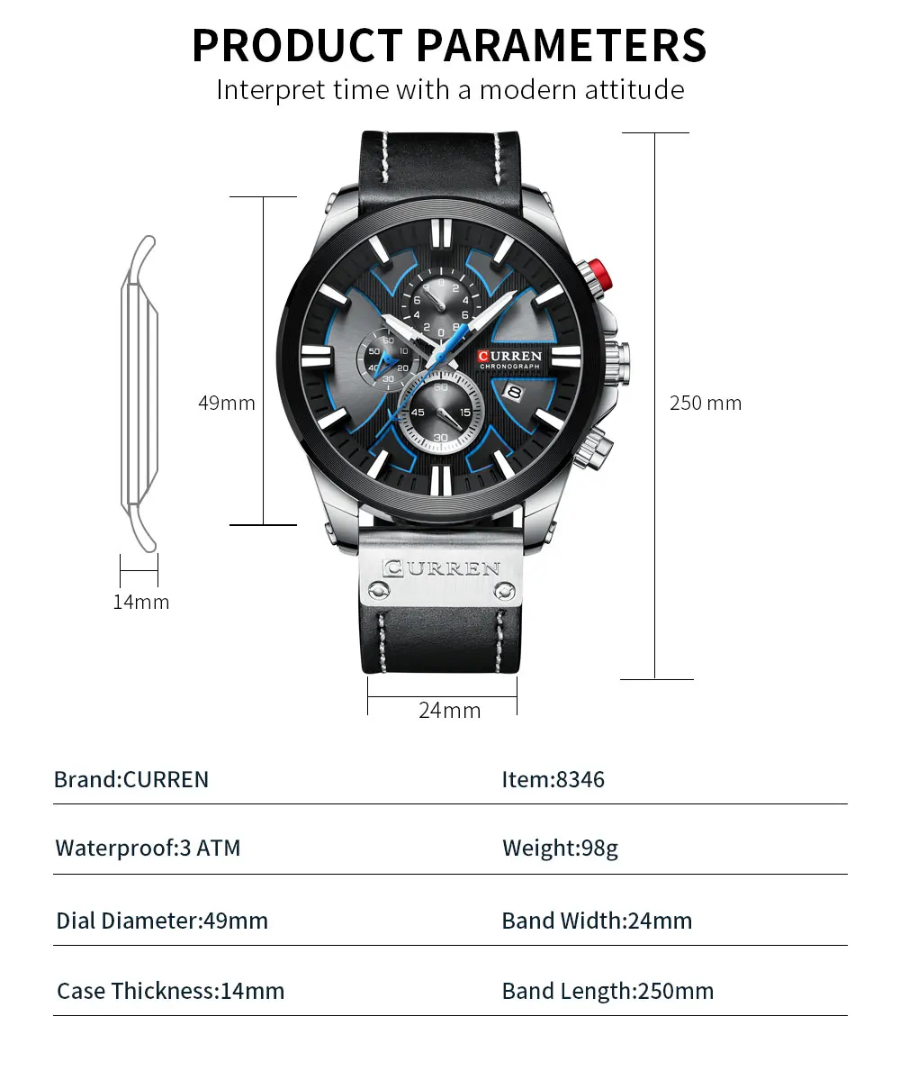 de Couro Chronograph Esporte Quartz Relógio de