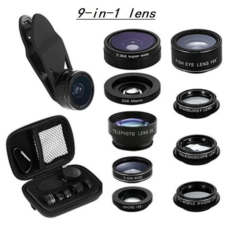 

9in1 universal mobile phone lens 0.36 times wide angle fisheye CPL six-segment camera lens for iPhone 7 8 plus mobile phone lens