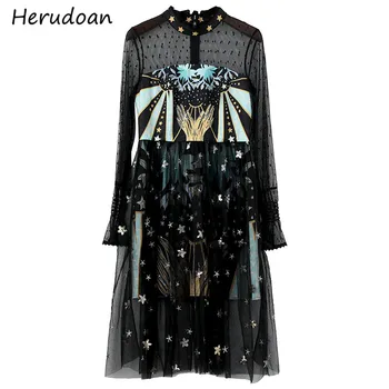 

Herudoan Fashion Designer Autumn Dress Women Stand collar Sequined Dot Print A-Line Mesh Party Dresses Ladies Vintage Midi Dress