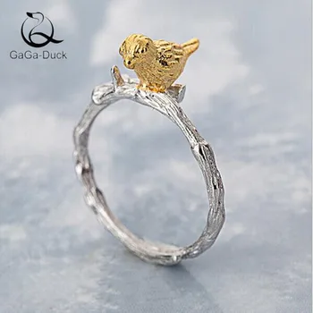 

National Style Cute Sweet Animal 925 Sterling Silver Fashion Jewelry Golden Bird Creative Gift Women Opening Rings R36