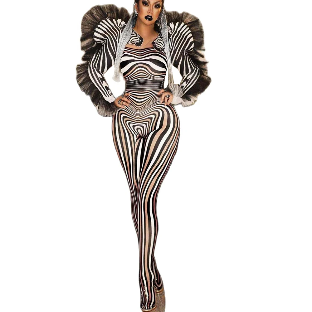 

Halloween Women Zebra Stripes Jumpsuit Mesh Costume Gauze Folds Decoration Leotard Cosplay Nightclub Performance Stage Outfit