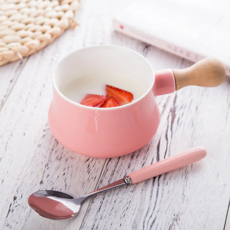 Pink and spoon Нордическая керамическая молочная чашка детская миска для завтрака японский фруктовый салат лапша десерт овсянка еда чаша деревянная с одной ручкой - Цвет: Pink and spoon