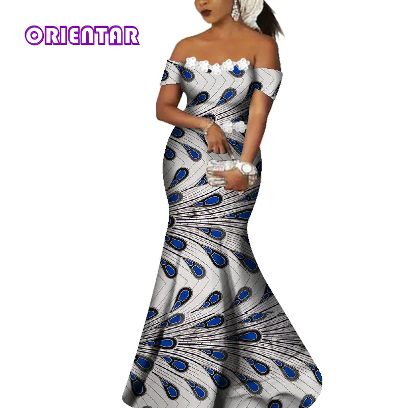 Элегантное женское платье в африканском стиле с принтом из хлопка с белыми цветами, женское вечернее платье макси без бретелек, Анкара, длинные платья WY4365 - Цвет: 1