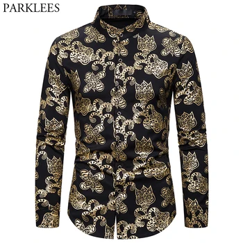

Mens Gold Floral Print Dress Shirts 2020 Fashion Stand Collar Long Sleeve Shirt Men Wedding Party Club Prom Shirt Male Chemise