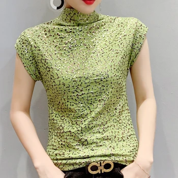 Shintimes-Camiseta con estampado de leopardo para mujer, Camiseta de cuello de tortuga, camiseta de manga corta para mujer, ropa de talla grande 3XL 2020 1