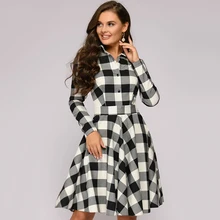 Vestido a cuadros elegante para mujer con cuello hacia abajo manga larga hasta la rodilla vestido con fajas para mujer Vintage otoño Oficina vestido para mujer vestidos