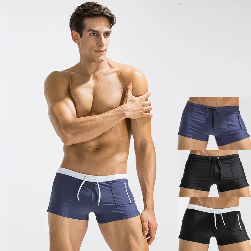 Zipper Pocket Beach Short Colorblock Swimwear Rope Belt Swimsuit Male