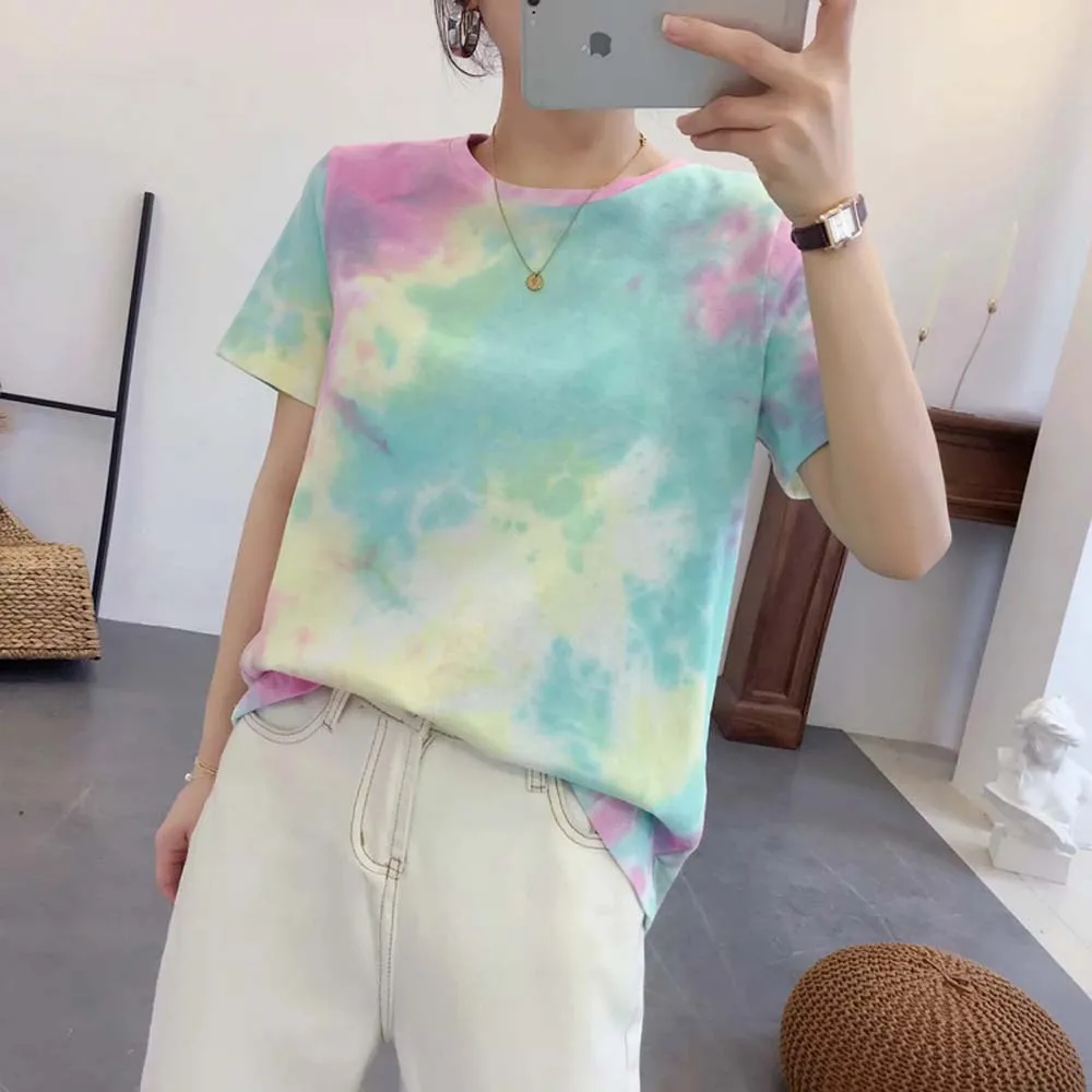 Новая женская футболка sunmmer harajuku Корейская одежда уличная цветная градационная хлопковая Мягкая футболка с круглым вырезом топы размера плюс