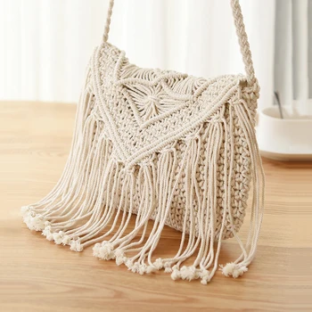 Handmade Cotton Woven Knitted Tassel Crossbody Bag Vintage Shoulder Messenger Bag Female Fashion Beach Summer Handbags for Women - Image 1
