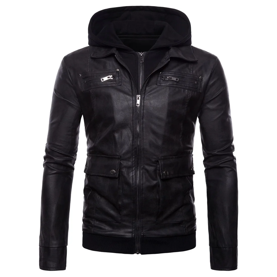 

Autumn New Style MEN'S Wear Large Size Sportsman Hooded Leather Coat Mock Two-Piece Leather Jacket Coat B021