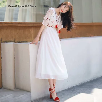 

sweet temperament new 2020 Summer lace-up embroidered chiffon dress seaside holiday beach dress fairy