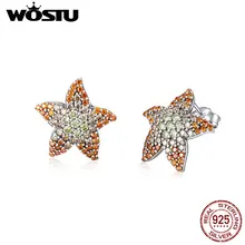 WOSTU, летние пляжные серьги-гвоздики в виде морской звезды, 925 пробы, серебро, прозрачный CZ, нежные серьги для женщин, серебро 925, ювелирное изделие CQE449