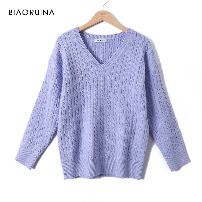 BIAORUINA 5 Colors Women's Wool Blends Keep Warm Solid Casual Winding Knit Sweater Office Lady V-neck All-match Pullovers | Женская