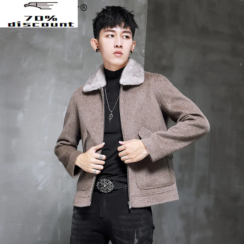 

Spring Autumn Wool Coat Men Double-sided Alpaca Jacket Mink Fur Collar Mens Coats and Jackets Overcoat 2900B KJ3859