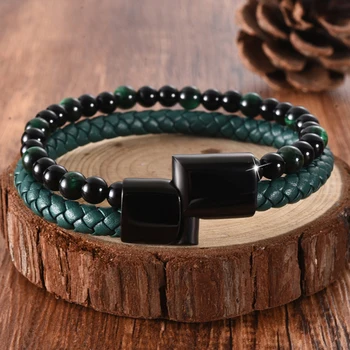 

MingAo Punk Men Jewelry Beaded Braclets Chakra Green Braided Leather Bracelet Stainless Steel Magnetic Clasp Fashion Bangles