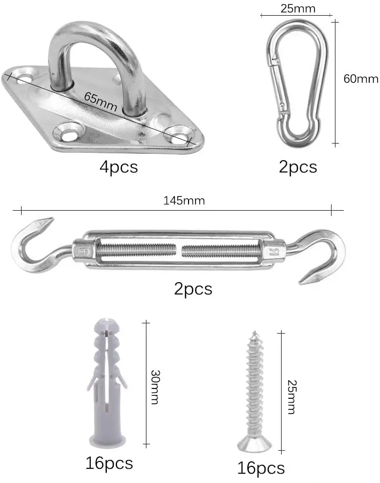 Description Picture 4 of item4 pcs Sun Shade Sail Canopy Fixing Accessories Stainless Steel Hardware Kit Turnbuckle Pad Eye Carabiner Clip Hook Screws Silver