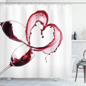 

Wine Shower Curtain Heart Shape with Spilling Red Wine in Glasses Romantic Valentines Day Concept Cloth Fabric Bathroom Decor