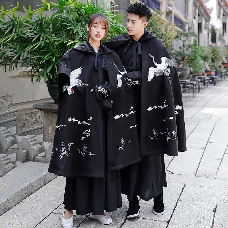 

Hanfu Male Cape Coat Black Fairy Crane Hooded Cape Shawl Winter Ancient Chinese Costume Women Stage Performance Clothing DN4897