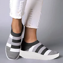 Women Slip On Sneakers Casual Wedge Platform Shoes New Autumn Ladies Breathable Striped Walking Shoes Outdoor Sneaker D30