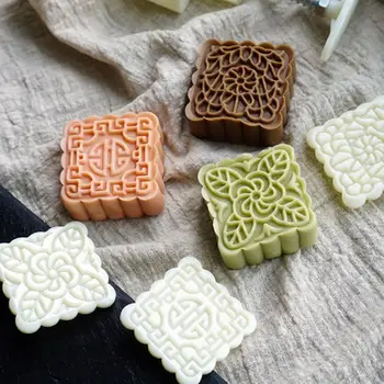 

250g Mooncake Mold with 6pcs Square Flower Stamps Hand Press Moon Cake Pastry 11UA