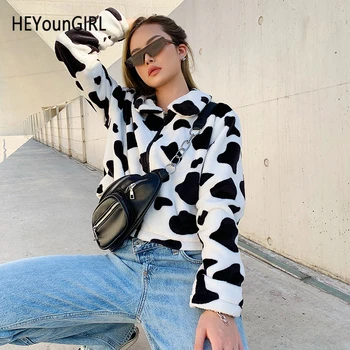 

HEYounGIRL Cow Print Faux Fur Coat Women Animal Printed Casual Furry Crop Teddy Jacket Zipper Harajuku Korean Overcoat Autumn