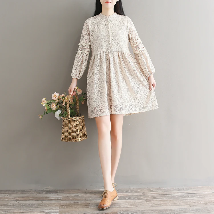 Mori girl robe Femme весеннее элегантное винтажное платье с круглым вырезом, бисером и рукавами-фонариками, кружевное мини-платье с высокой талией в стиле пэчворк AF826