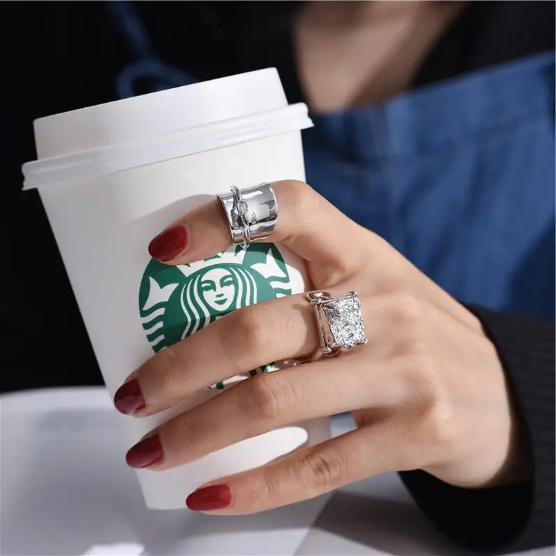 

HUANZHI New Irregular Geometric Square Surface Bump Imitation Mountain Range Silver Opening Finger Rings for Women Girls Party