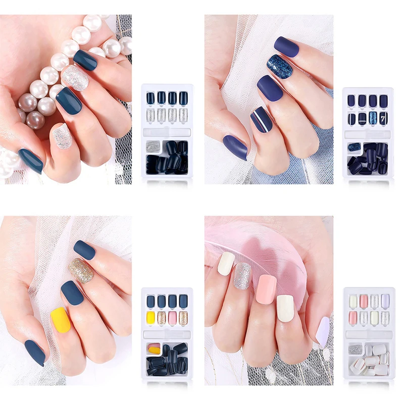 24pcs Round Head Full Nail Tips Tool Artificial Fake Nail Art Summer Green Leaf Pattern False Nails DIY Design With Glue