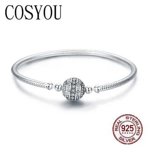 

COSYOU 2019 100% 925 Sterling Silver Dazzling Clear CZ Round Clasp Snake Chain Bracelet Sterling Silver Jewelry SCB062