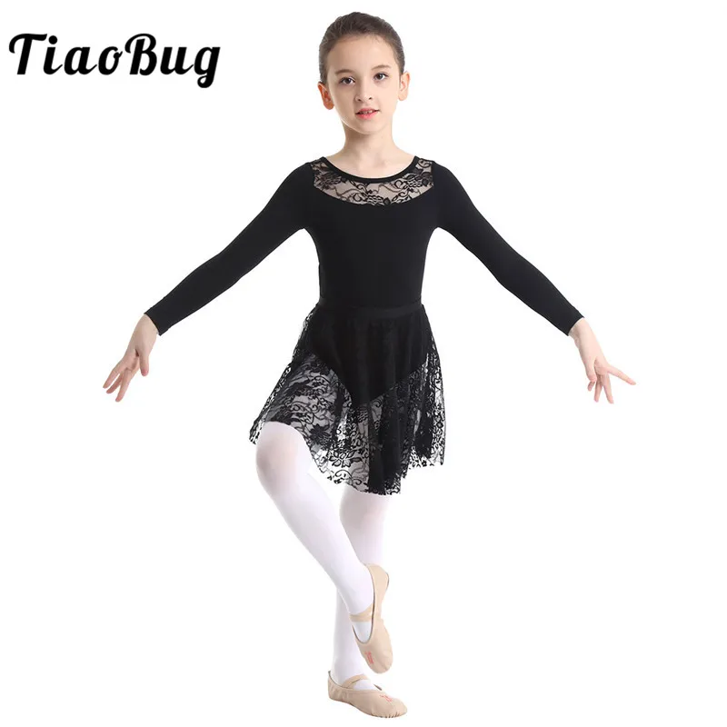 Детское кружевное балетное платье-пачка с длинными рукавами TiaoBug; вечерние балерины; хлопковое трико с рюшами; комплект с юбкой для девочек; гимнастическое трико