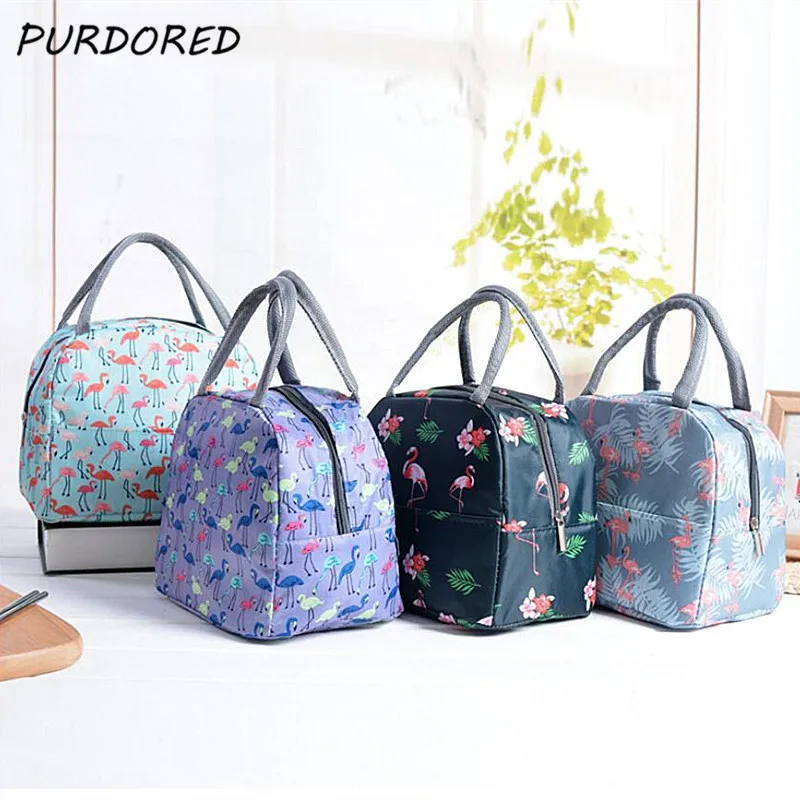 PURDORED 1 Pc Flamingo Print Lunch font b Bag b font Portable Insulated Lunch Box font