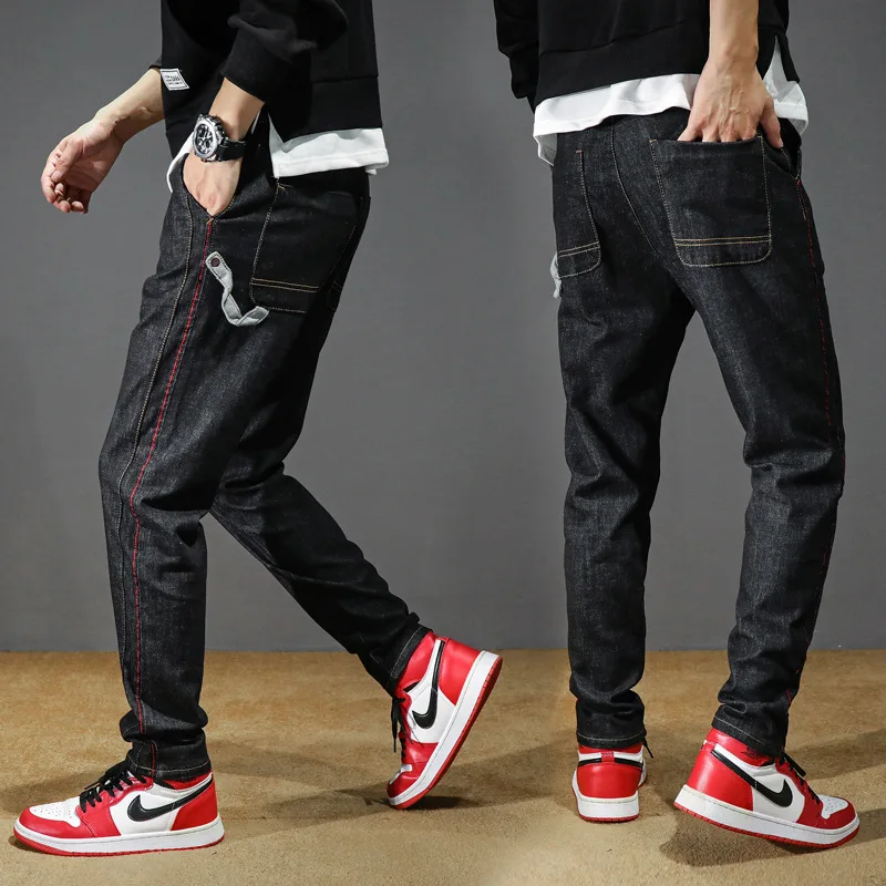 

Korean Style Fashion Men Jeans Vintage Black Loose Fit Harem Pants Stripe Designer Big Size 28-42 Hip Hop Jeans Men Pencil Pants