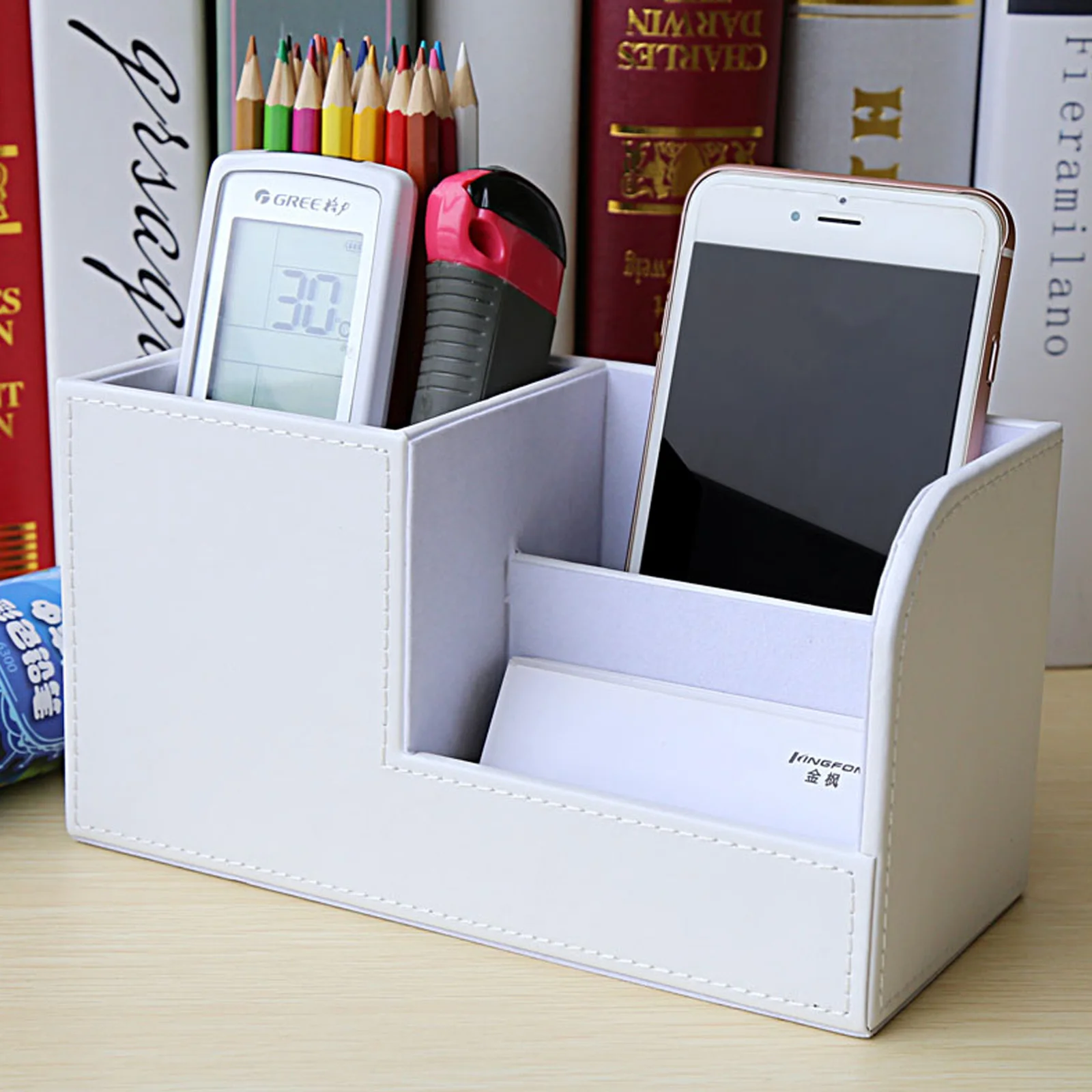 PU Leather Desk Organizer pen holder desktop storage box stationery organizer desktop storage shelf stationery storage box desktop storage kit Pencil Pen Holder Caddy Storage Box 3 Compartments for Home Office School Supplies
