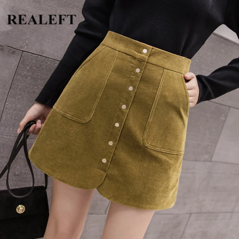 

REALEFT Autumn Winter Warm Vintage Green Corduroy Midi Skirts High Waist Button Pocket Wrap Sexy A-Line Skirts 2019 New Arrival