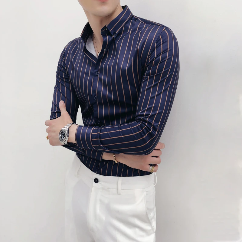 

2019 Spring and Autumn New Fashion Boutique Striped Mens Slim Casual Business Long-sleeved Shirt Socially Comfortable Male Shirt