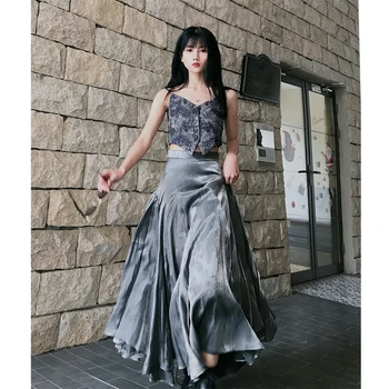 

2020 Women Spring Autumn New Street Style Sliver Slik Skirt Temperament Elegant Slim High Waist Irregular Midi Skirt Fashion