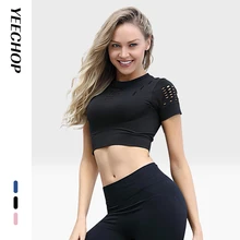Yeechop Women Gym Vital Seamless Crop Top Stretchy Breathable Dry Quickly Tights Workout SportS Fitness Yoga T Shirt