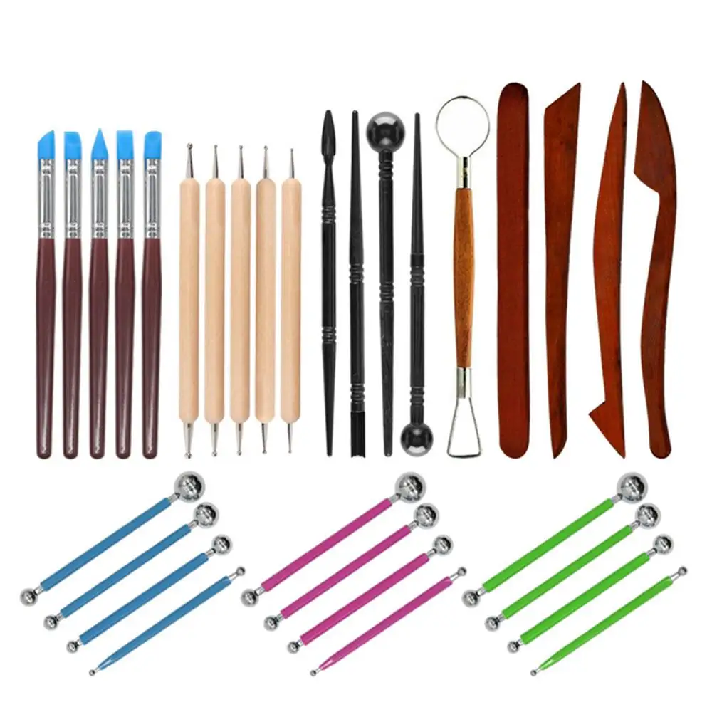 23PCS Wooden sculpture clay tools with Rubber handle ball stylus Modeling wipe out tools DIY Art Crafts Clay Pottery Tool set