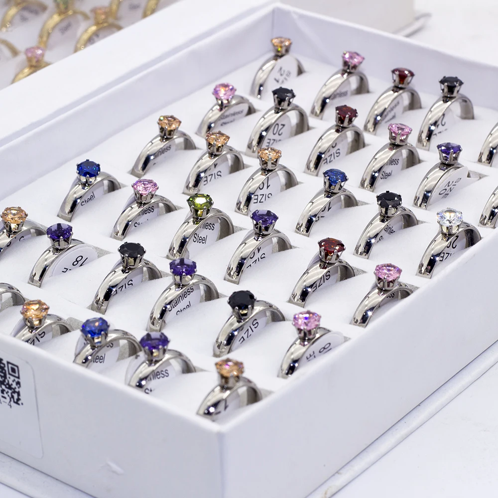 Wholesale 36Pcs/lot Mix Style Zircon Rhinestone Stainless Steel Rings Wedding Ring Women Mens Ring