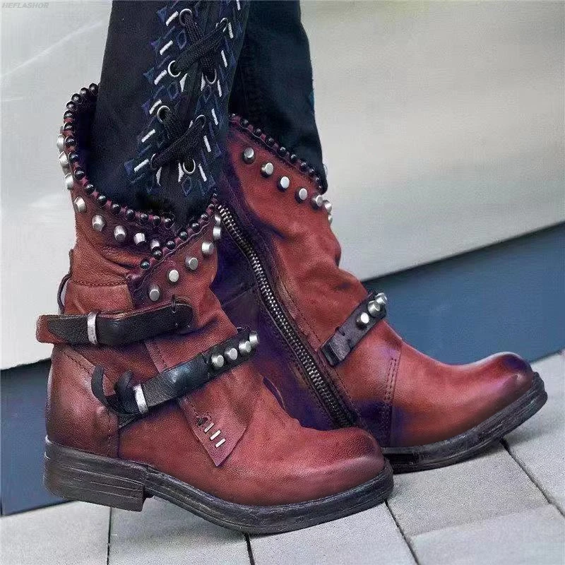 Fast Shipping Women Boots Autumn Winter Woman Mid-Calf PU Leather Round Toe Women Shoes Low Heel Rivet Cool Motorcycle Boots