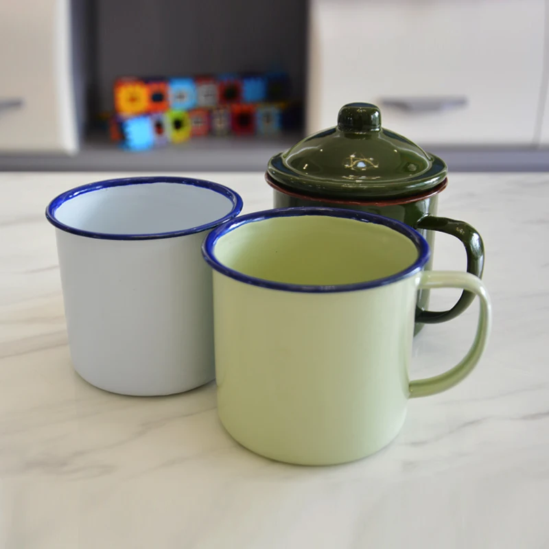 Rust-proof nostalgic 370 ml unbreakable boilable and heatable water cup enamel tea with lid blue edge | Дом и сад
