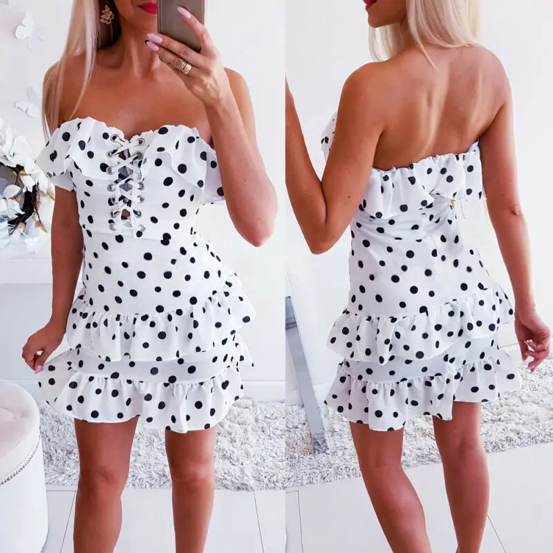 

Sexy Lady Boho Dress Women Polka Dot Bodycon Sleeveless Casual Party Evening Short Mini Dress Ruffles Strapless Dresses