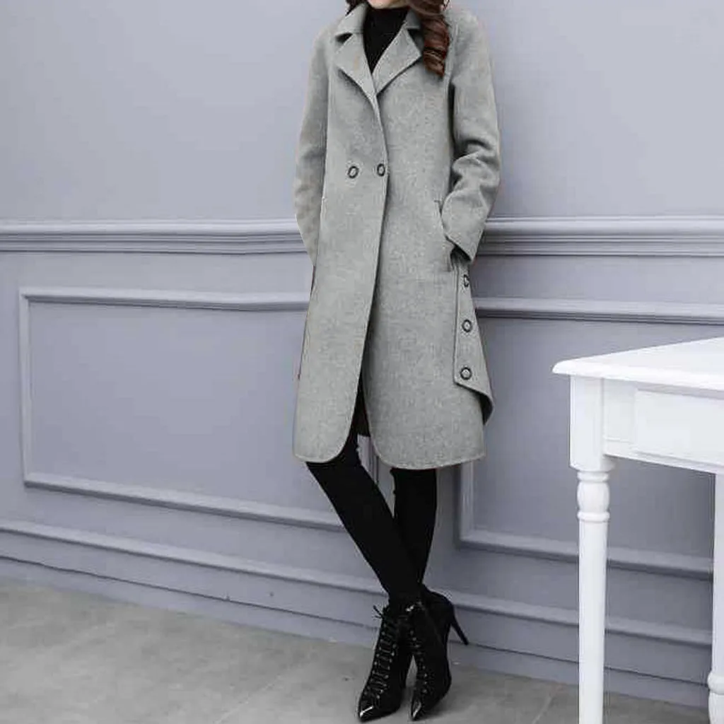 Офисное женское длинное зимнее шерстяное пальто тонкое Однотонное шерстяное пальто и куртка двубортная верхняя одежда размера плюс 3xl# J30 - Цвет: Gray