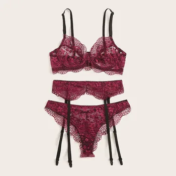 

Sexy Ladies Bra Set Exquisite Lace Lingerie Bra+Garter+Briefs Set Babydoll Cut-Out Sleepwear Brief Sets Lenceria Brassiere Femme